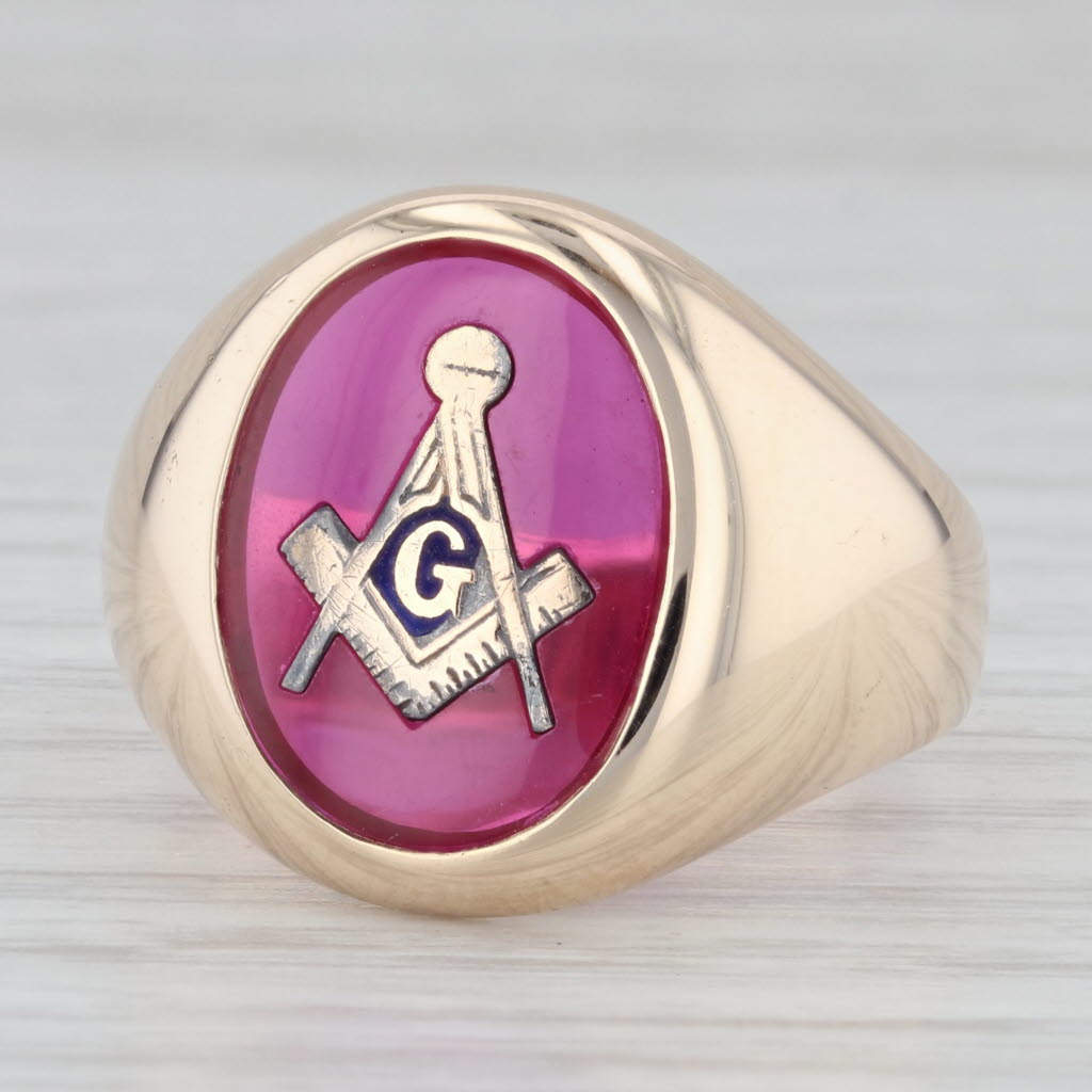 Lab Created Ruby Masonic Signet Ring 10k Yellow Gold Size Blue L - Main Image