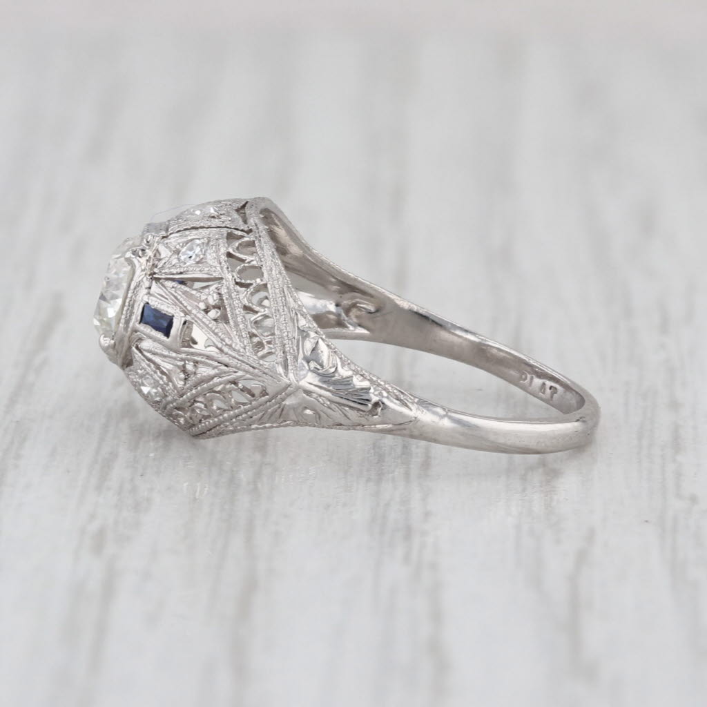Art Deco 0.47ctw Old European Diamond Lab Sapphire Engagement Ring Platinum