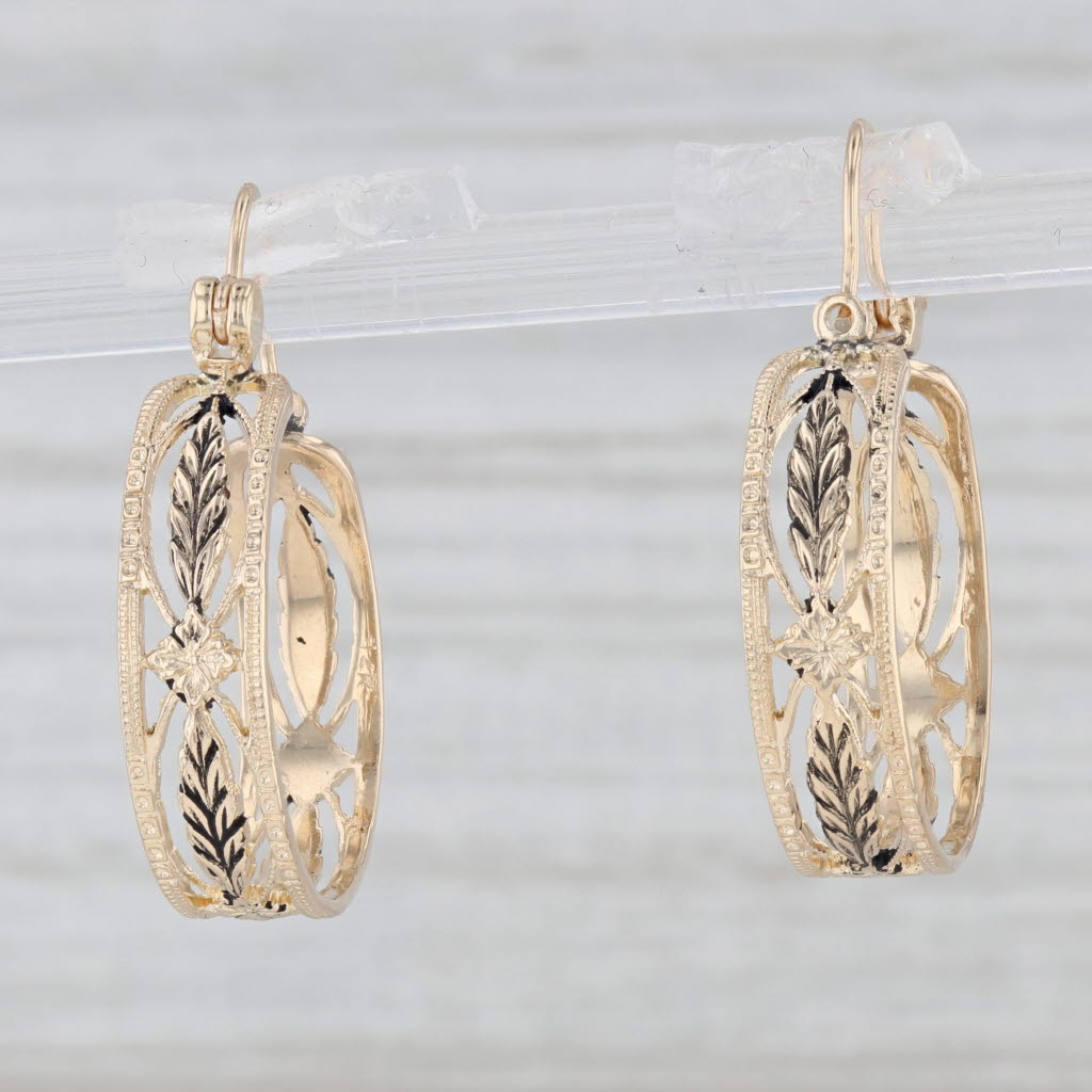 Light Gray Vintage Filigree Wheat Etched Hoop Earrings 14k Yellow Gold Snap Top Round Hoops