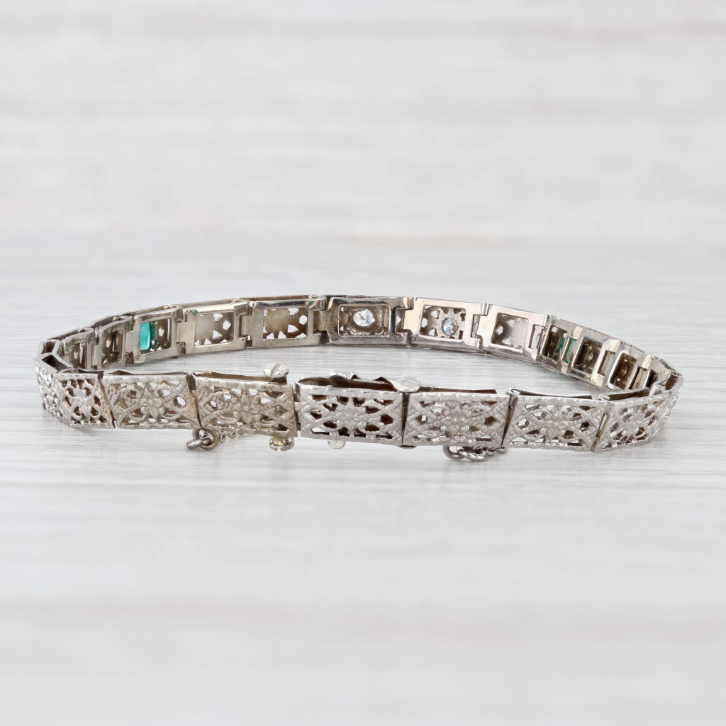 Light Gray Vintage Art Deco Diamond Floral Filigree Link Bracelet 14k White Gold 6.25"