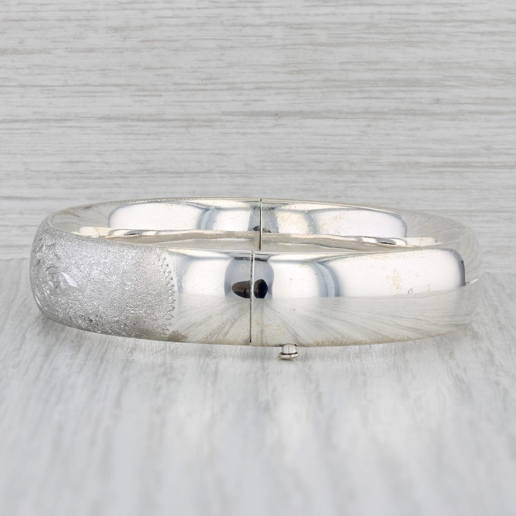 Gray Flower Engraved Bangle Bracelet Sterling Silver 7" 12.5mm