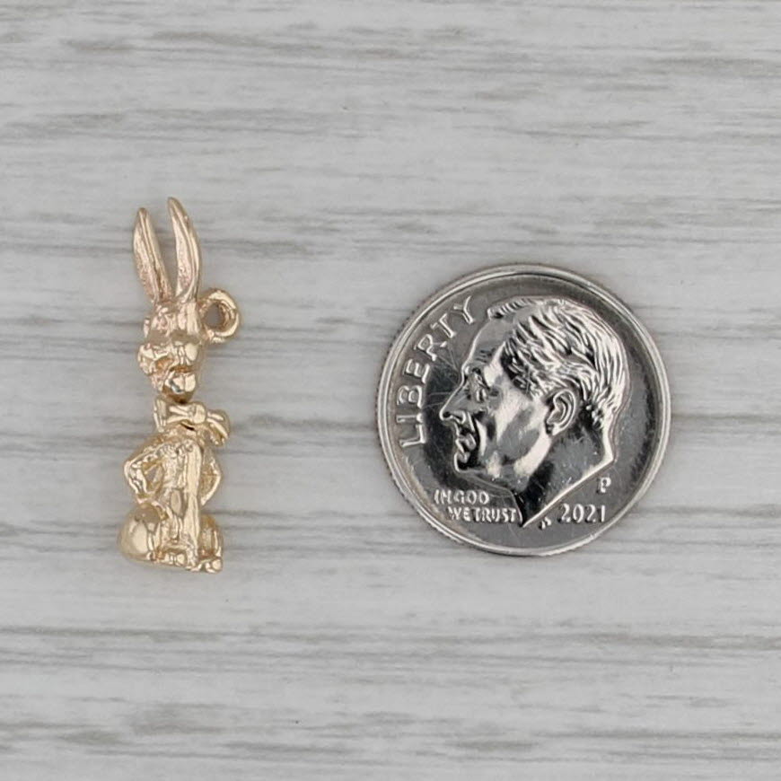Small Bunny Rabbit in Bow Tie Charm 14k Yellow Gold 3D Pendant Head Moves