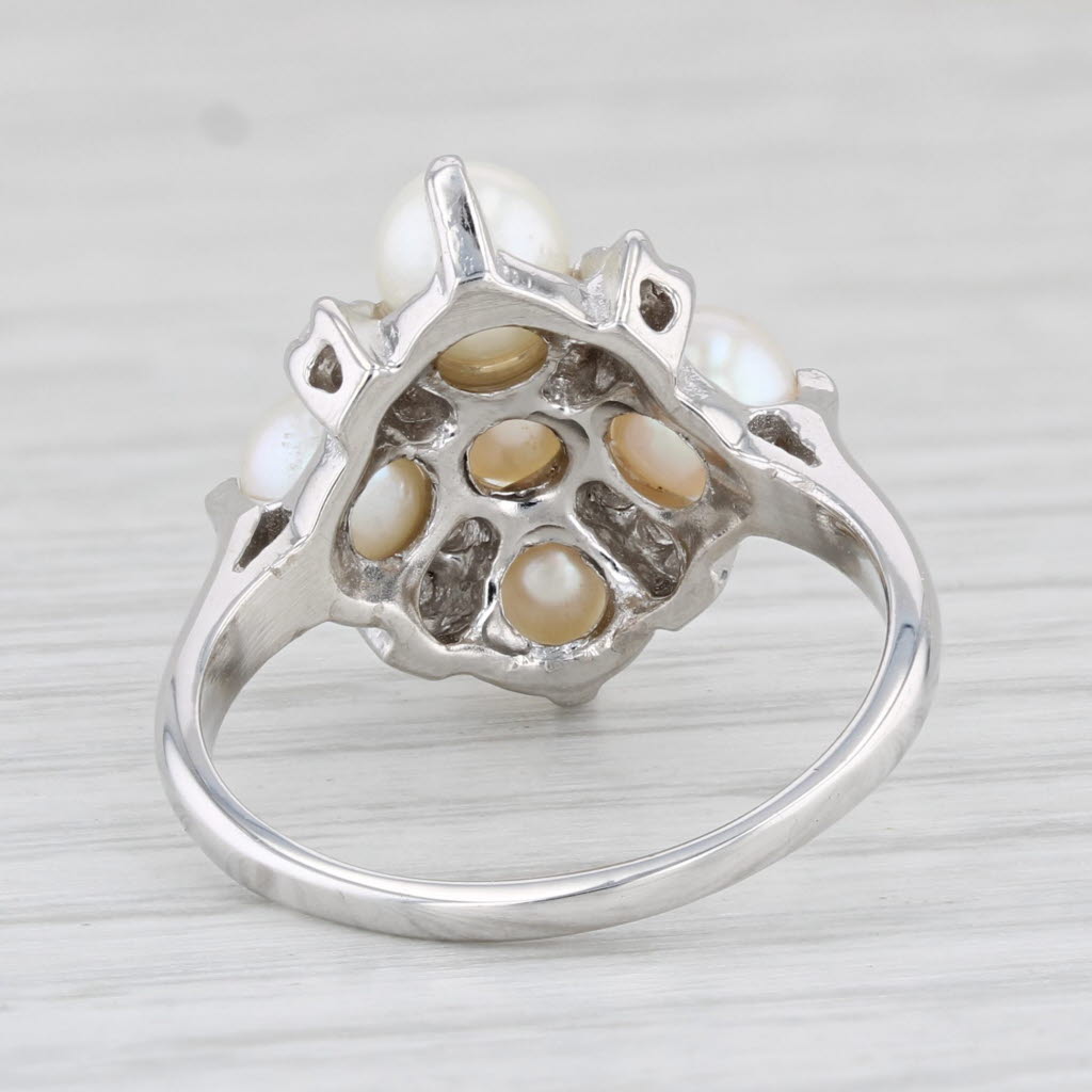 Light Gray Cultured Pearl Diamond Cluster Ring 14k White Gold Size 7.25