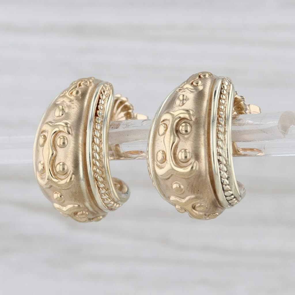 Ornate J-Hook Earrings 14k Yellow Gold Resin Filled Light Weight Pierced Drops