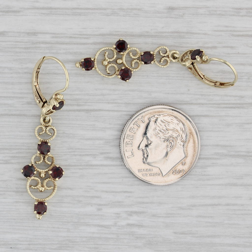 Gray Ornate 1.10ctw Garnet Dangle Earrings 14k Yellow Gold Lever Back Drops