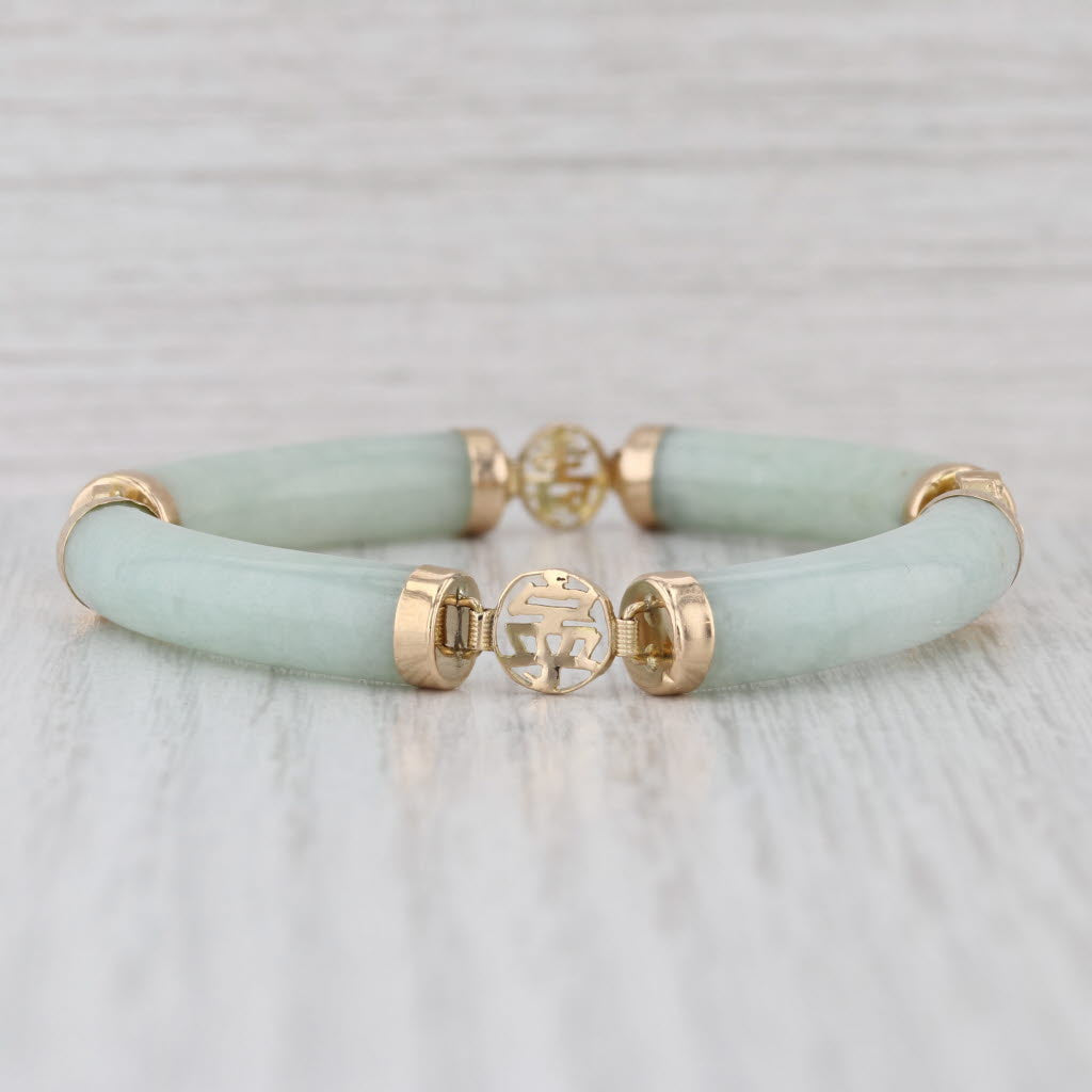 Jadeite Jade Tube Link Bracelet Chinese Character Bracelet 14k Yellow Gold 7"