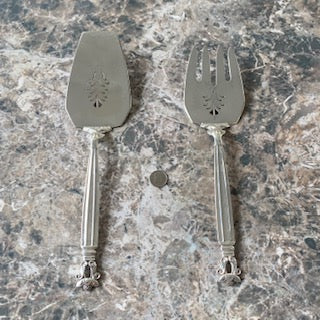 Jensen Denmark Acorn Fish Serving Set Sterling Silver Pierced Fork Knife