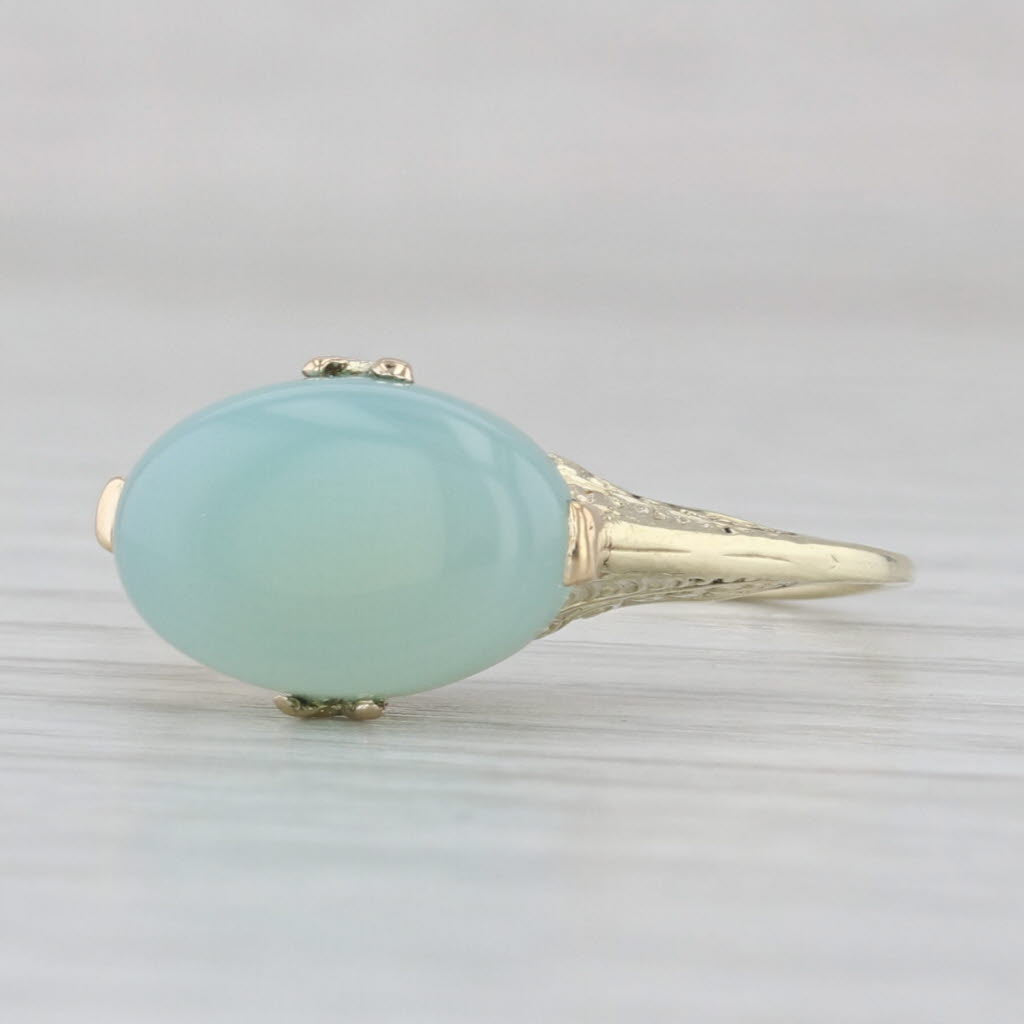 Green Chalcedony Quartz Filigree Ring 14k Yellow Gold Size 8.25 Oval Cabochon