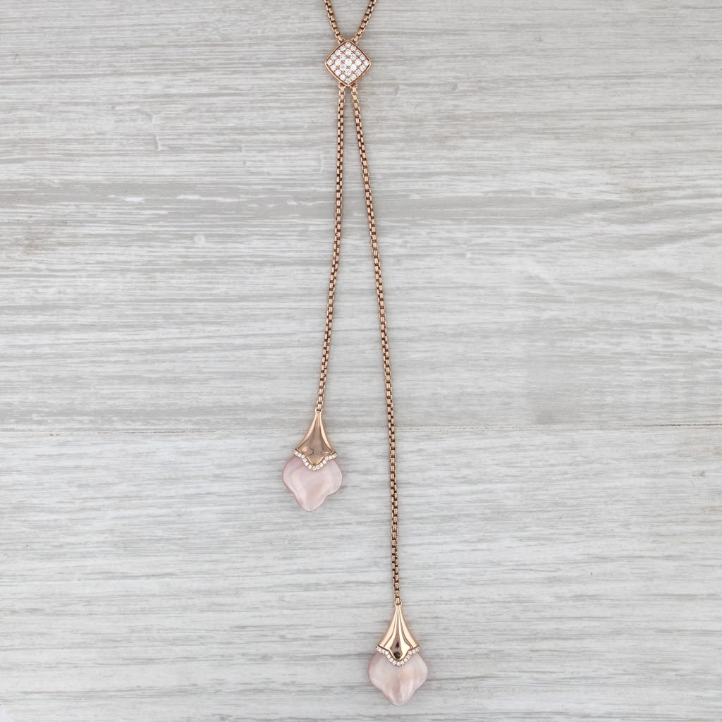 Krypell Pink Mother of Pearl 0.64ctw Diamond Lariat Pendant Necklace 18k Gold