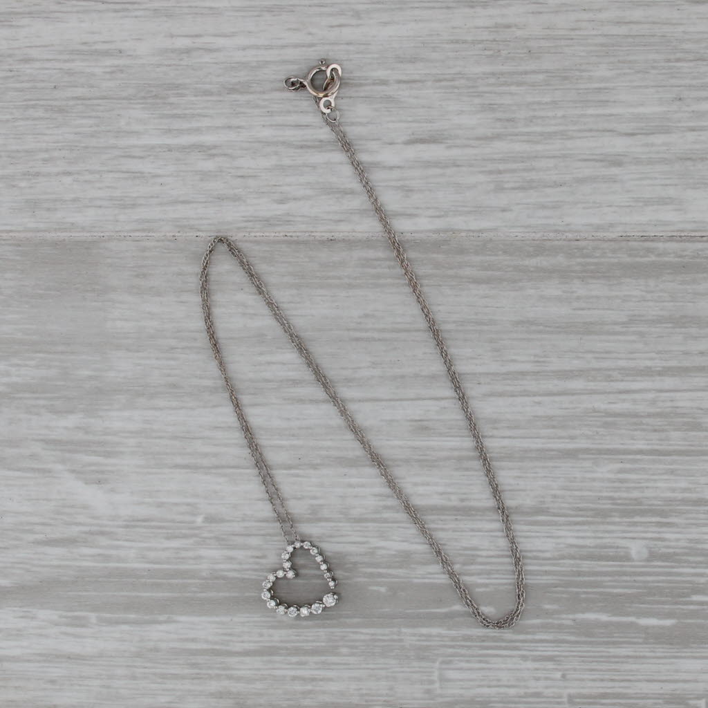 0.20ctw Diamond Open Heart Pendant Necklace 14k White Gold 18" Rope Chain