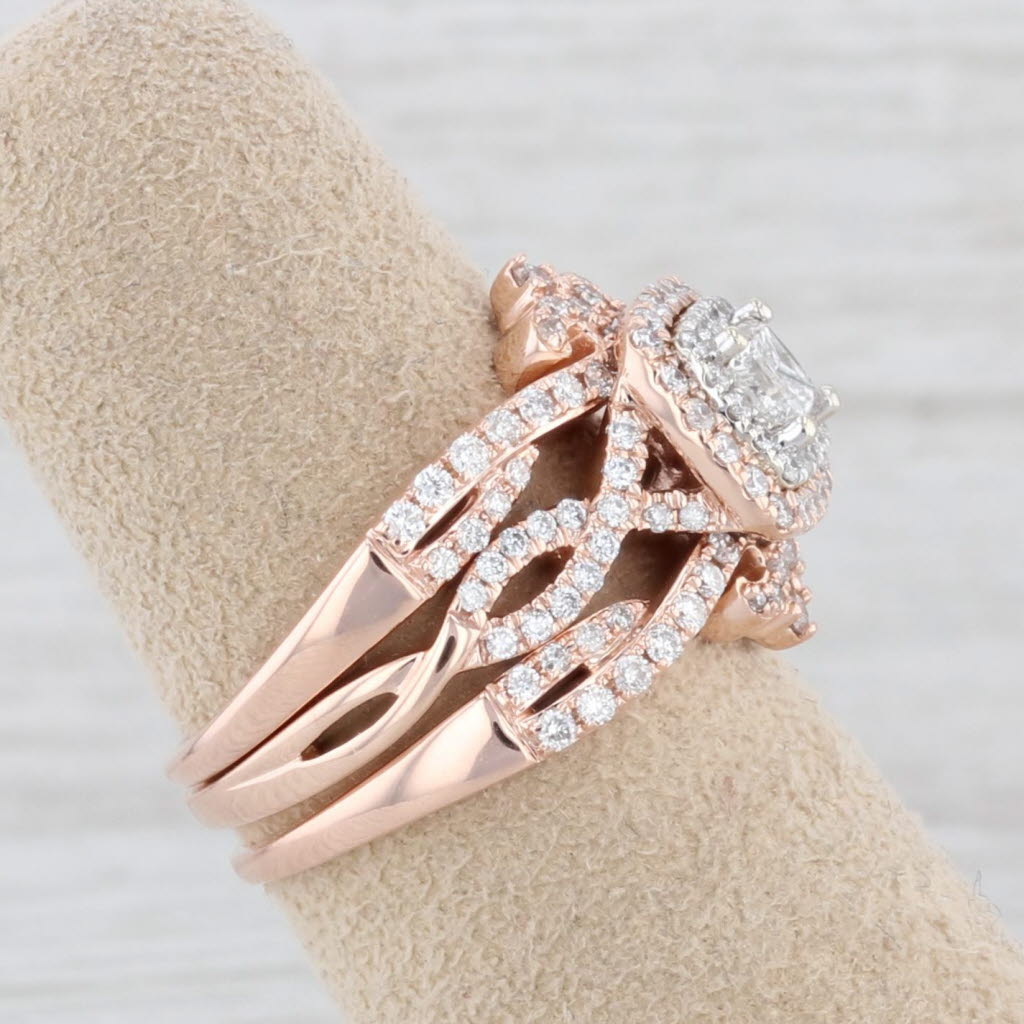 Light Gray 0.86ctw Princess Diamond Halo Engagement Ring 2 Bands Bridal Set 14k Rose Gold