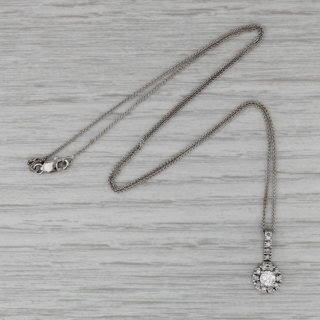 0.51ctw IGI Diamond Halo Pendant Necklace 14k White Gold Wheat Chain