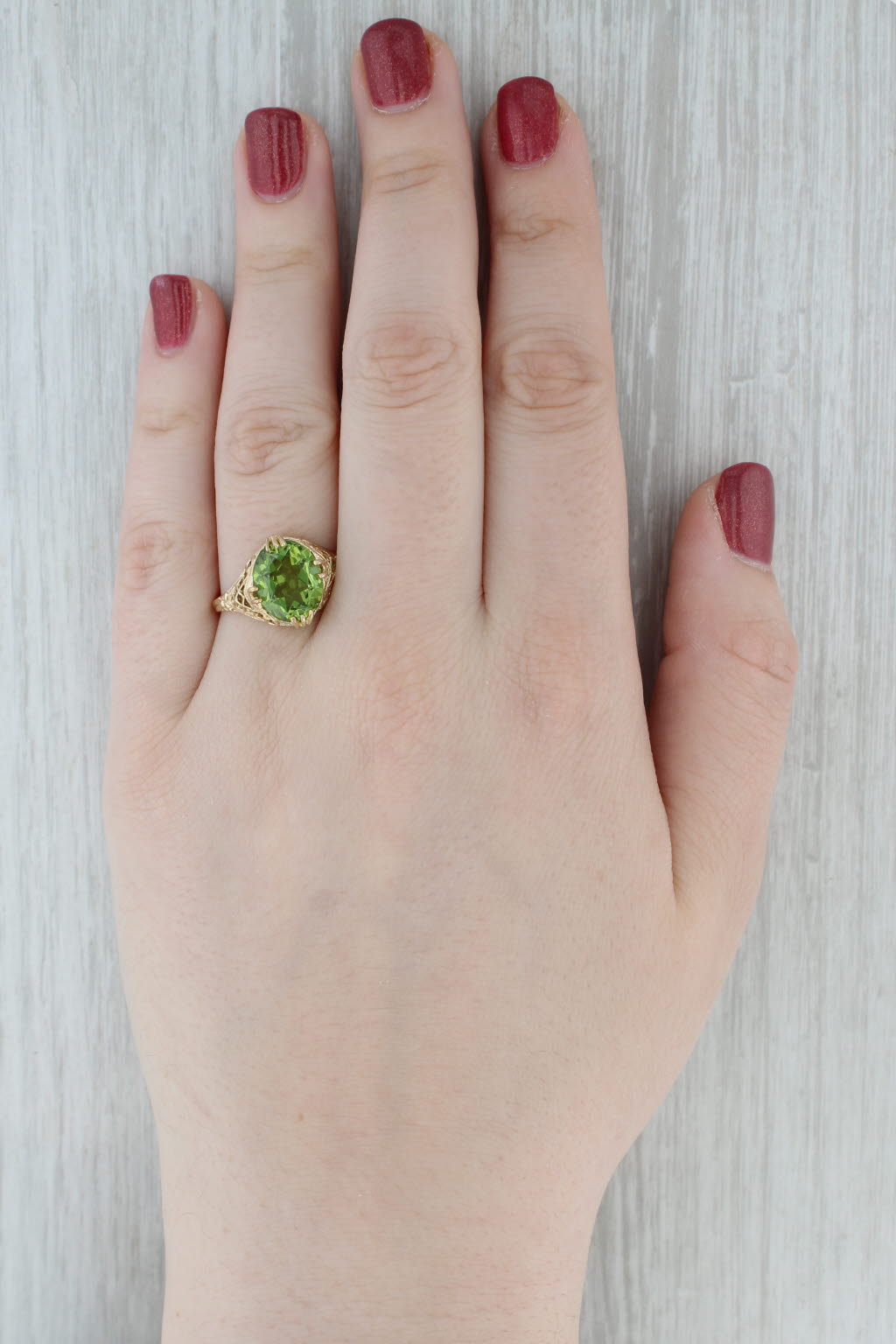 Gray Lab Created Green Spinel Ring 10 Yellow Gold Filigree Size 11