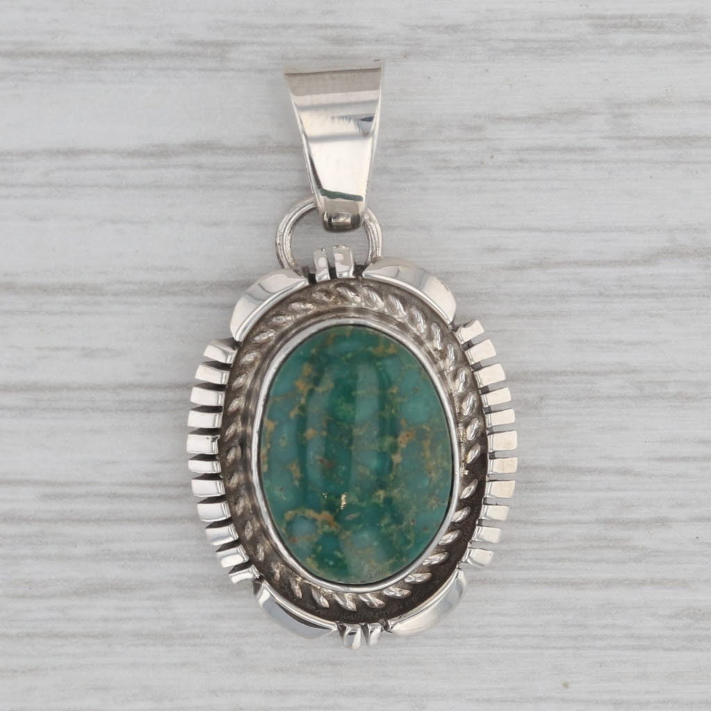 Gray Vintage Native American Green Turquoise Pendant Sterling Silver Signed NJ