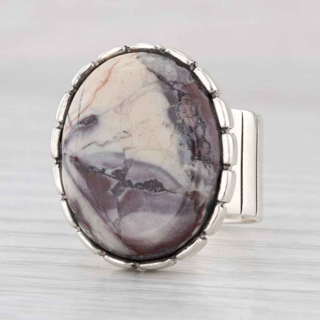 Marbled Chalcedony Jasper Ring Sterling Silver Size 6.5 Oval Cabochon Statement