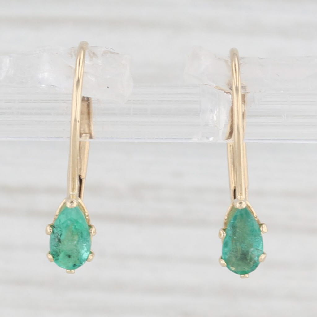 Light Gray 0.40ctw Emerald Drop Earrings 14k Yellow Gold Pear Solitaire Lever Backs