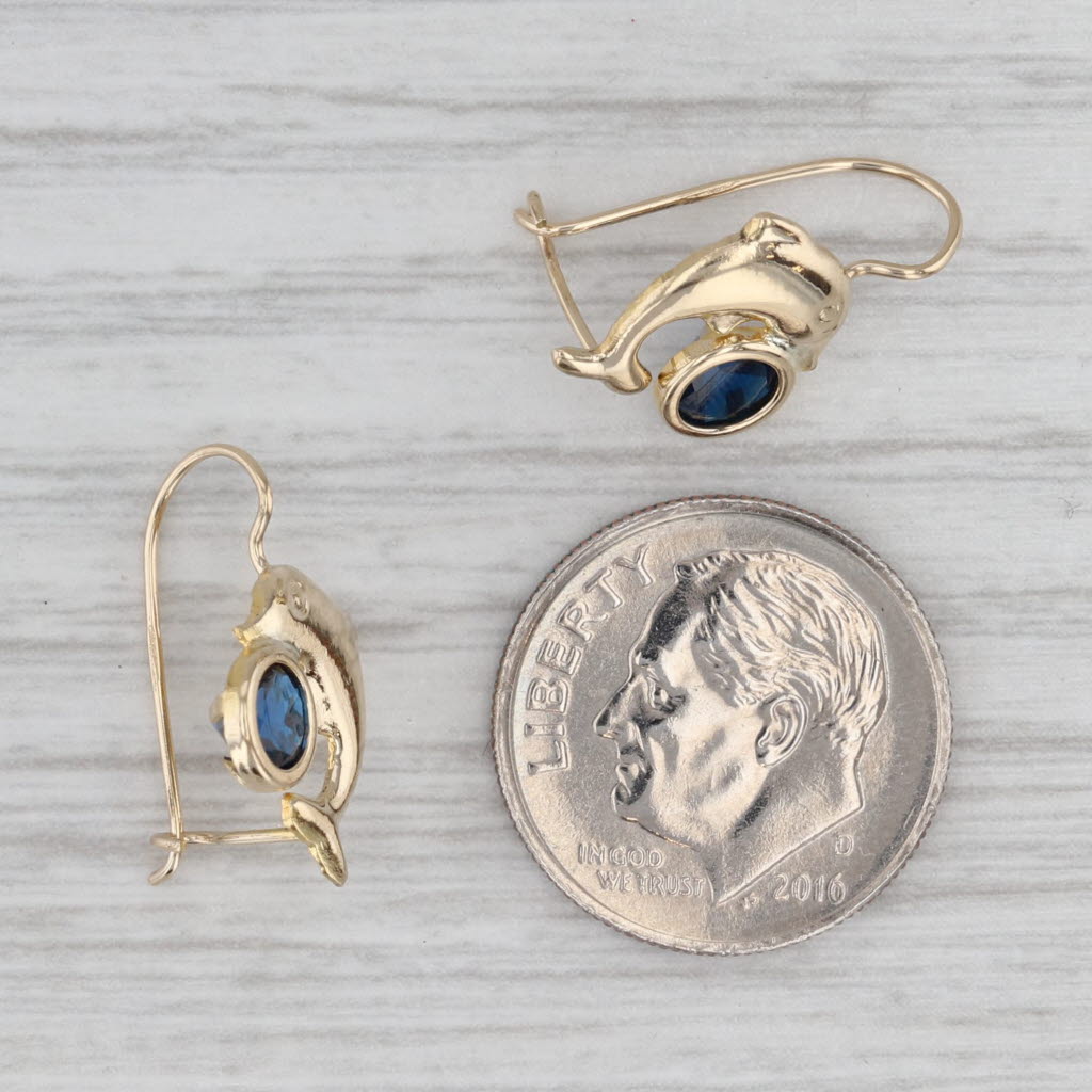 Gray Blue Glass Dolphin Drop Earrings 10k Yellow Gold Hook Posts