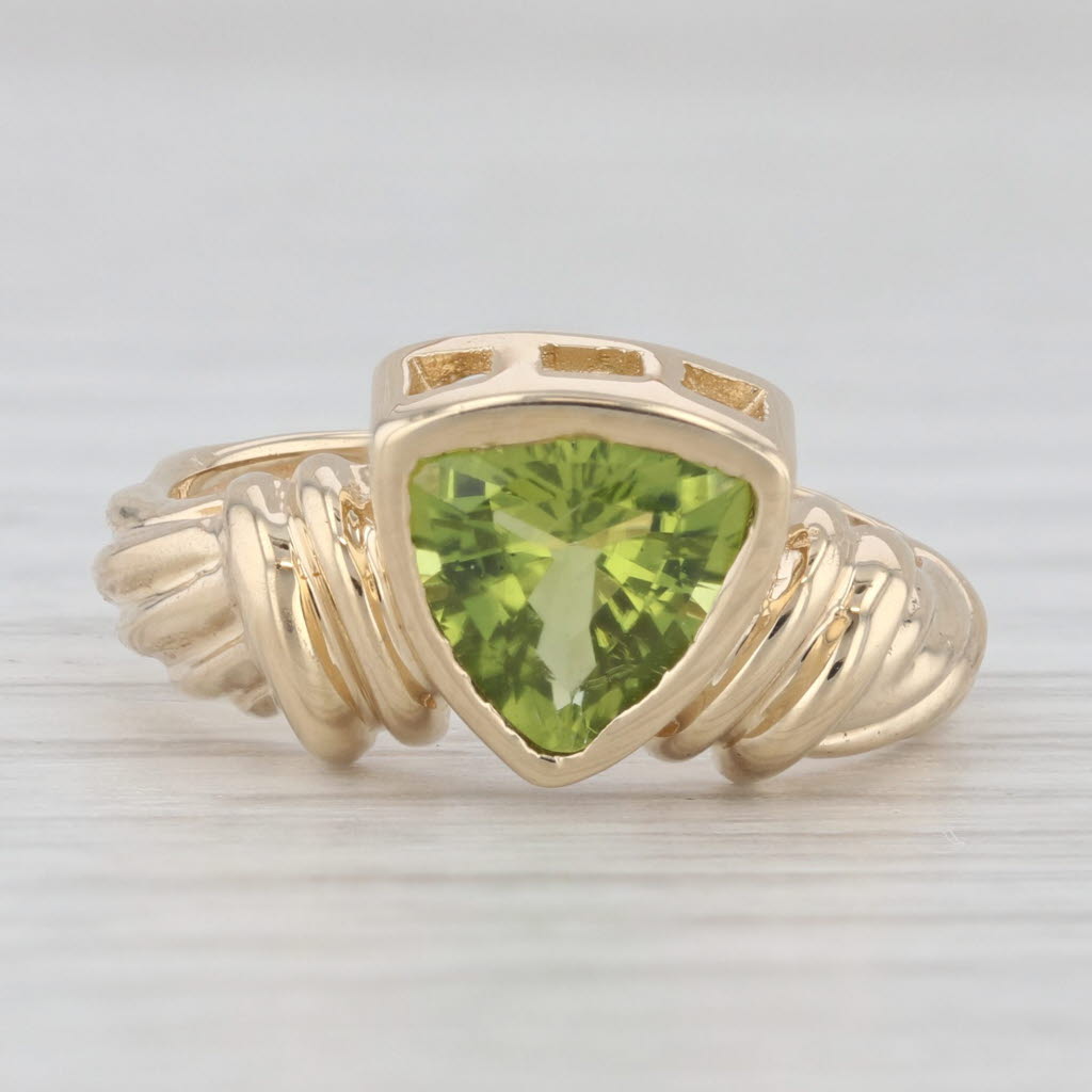 Light Gray 1.40ct Trillion Peridot Solitaire Ring 14k Yellow Gold Size 4.75 Bezel Set