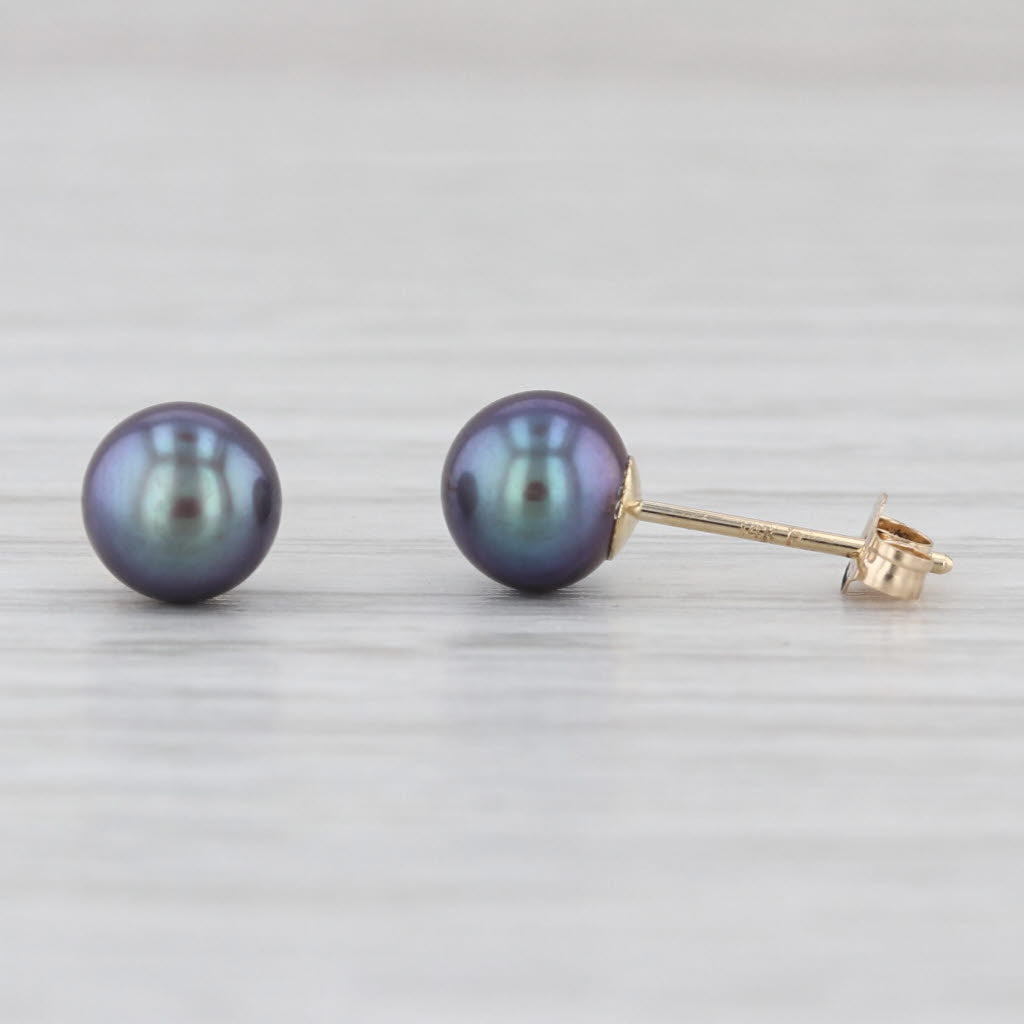 Cultured Black Pearl Stud Earrings 14k Yellow Gold 6mm Solitaire Studs