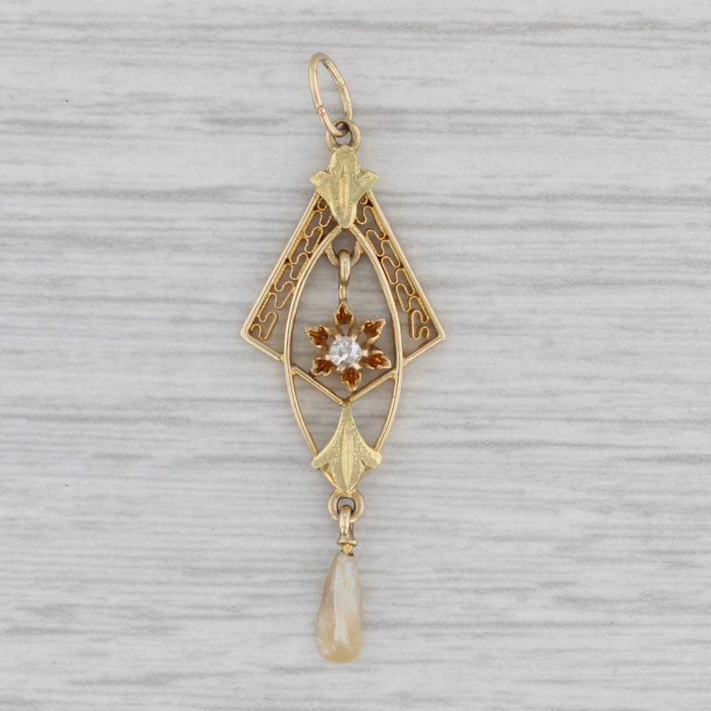 Gray Antique Lavalier Pendant Pearl Diamond 14k Yellow Gold Filgiree