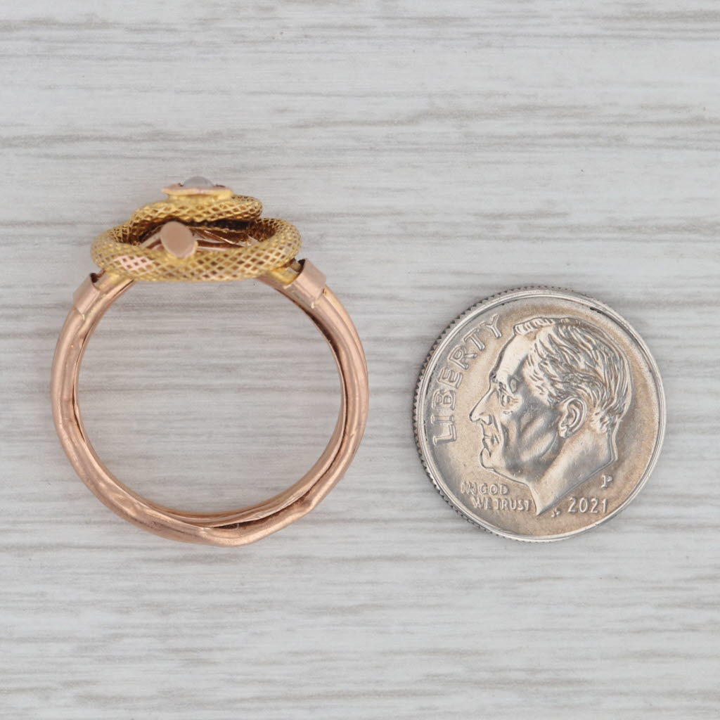 Gray Antique Coiled Knot Snake Ring 14k 10k Gold Imitation Pearls size 7.5