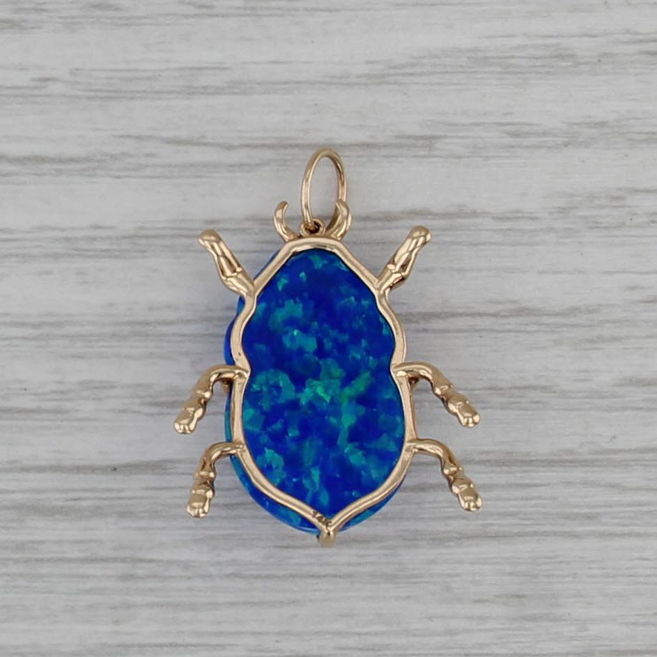 Blue Green Lab Created Opal Scarab Beetle Pendant 14k Yellow Gold Statement