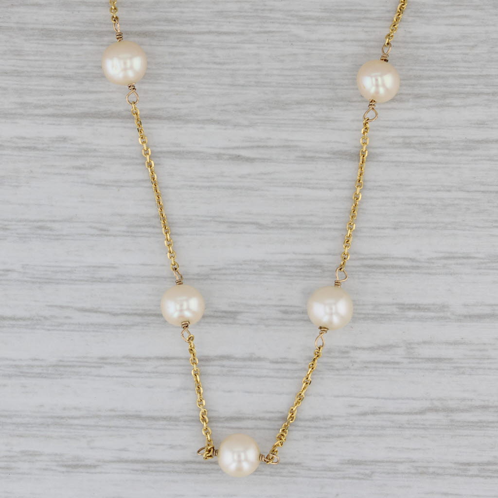 Gray Pearl Station Necklace 14k Yellow Gold 16" Cable Chain