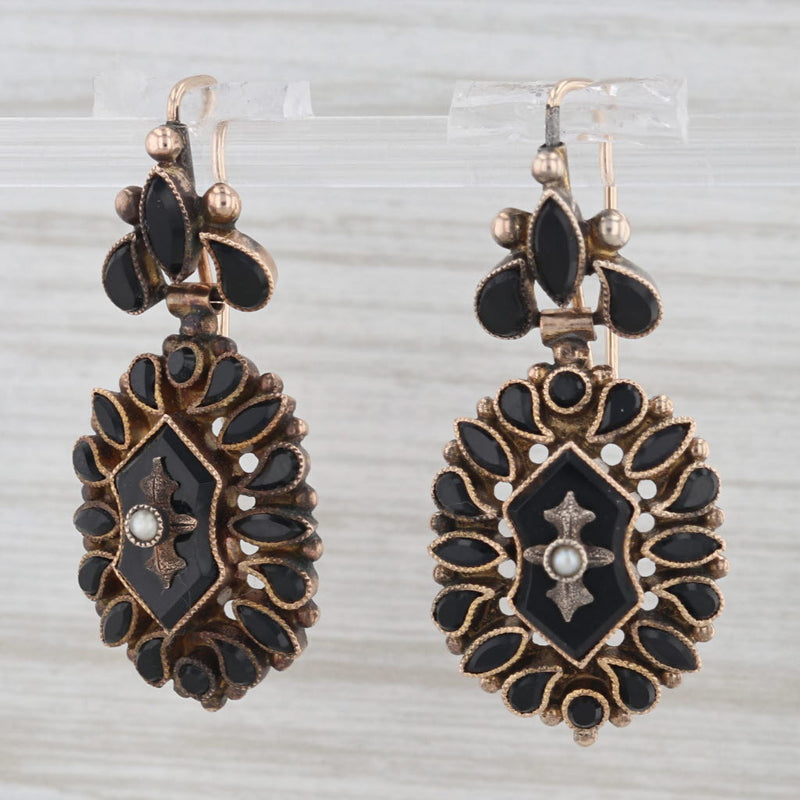 Victorian Black Glass Pearl Earrings Gold Filled Antique Pierced Hook Drops