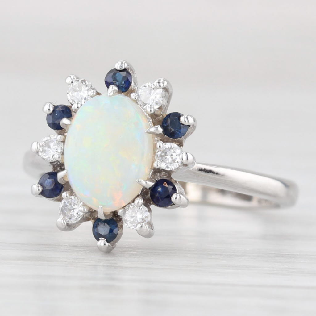 Light Gray Opal Cabochon Sapphire Diamond Halo Ring 14k White Gold Size 6