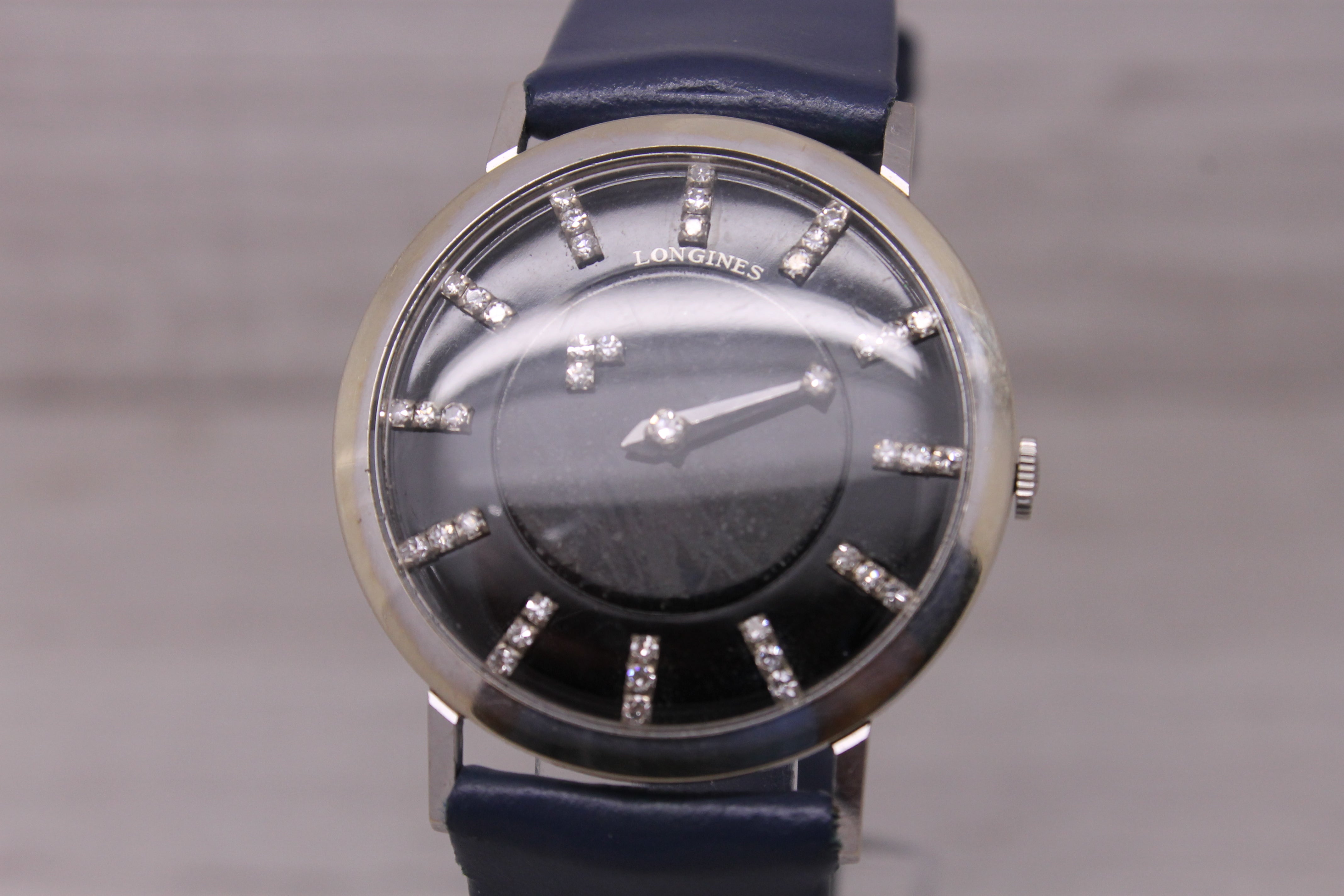 Light Slate Gray Vintage c1957 Longines 14k White Gold Mens Diamond Dial Mystery Watch Buckle Box