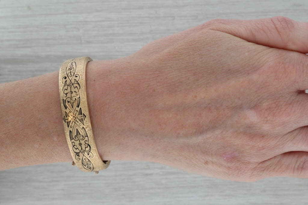 Rosy Brown Victorian Taille d'Epargne Enamel Bangle Bracelets with Box 14k Gold Engraved