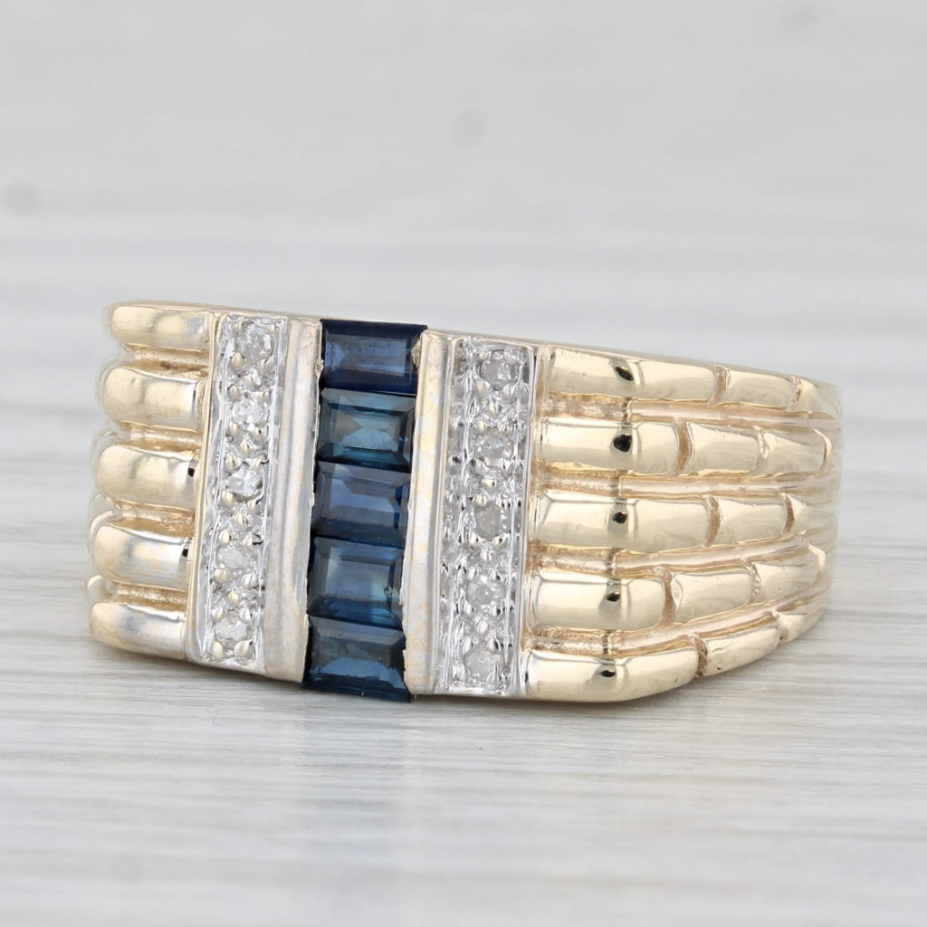 Light Gray 0.53ctw Blue Sapphire Diamond Ring 10k Yellow Gold Bamboo Pattern Band Size 6.75