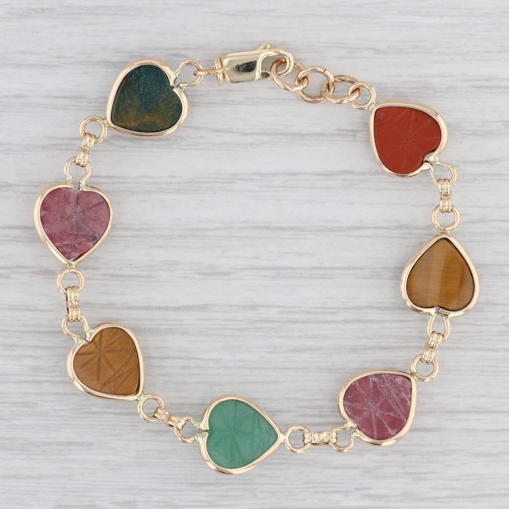 Light Gray Carved Scarab Stone Cabochon Hearts Bracelet 14k Yellow Gold 6.75" 11.7mm