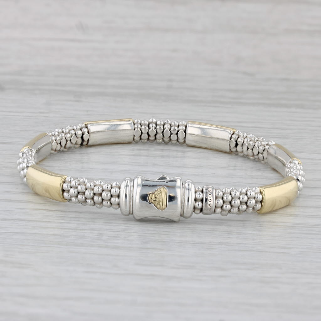 Gray Lagos Caviar Six Station Bracelet Sterling Silver 18k Gold Pouch Booklet 6.75"