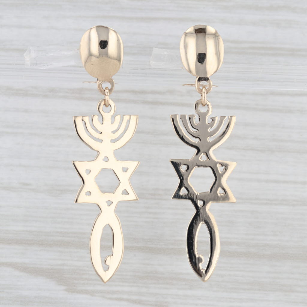 Light Gray Hebrew Judaica Dangle Earrings 14k Yellow Gold Menorah Star of David Fish