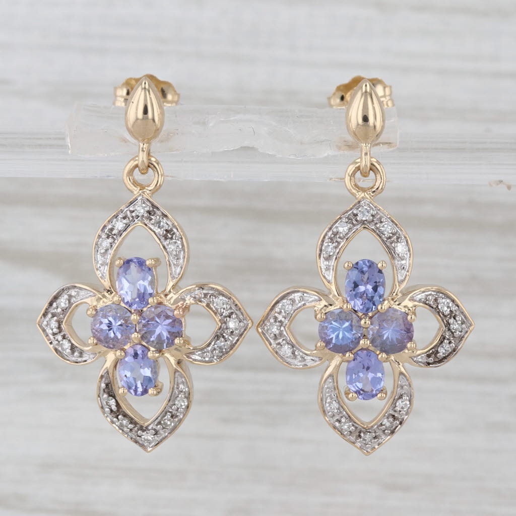1.64ctw Tanzanite Diamond Flower Dangle Earrings 14k Yellow Gold Drops