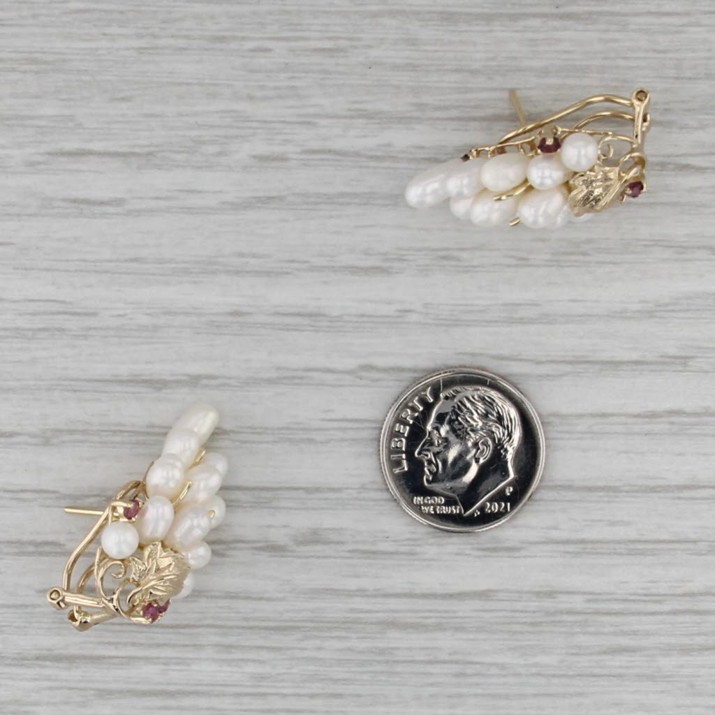 Pink Sapphire Cultured Pearl Cluster Grape Bunch Drop Earrings 14k Yellow Gold