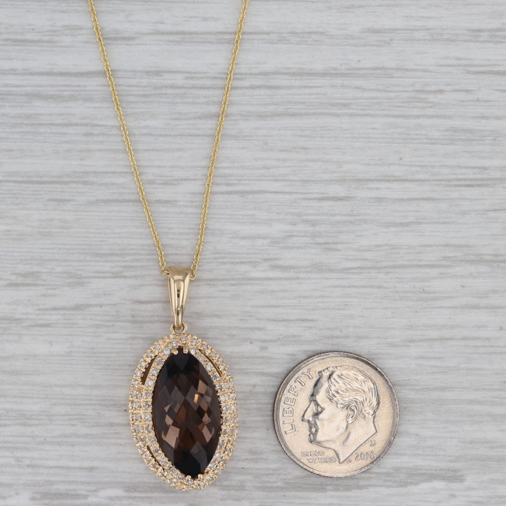 Gray Smoky Quartz Diamond Halo Pendant Necklace 14k Yellow Gold 16" Cable Chain