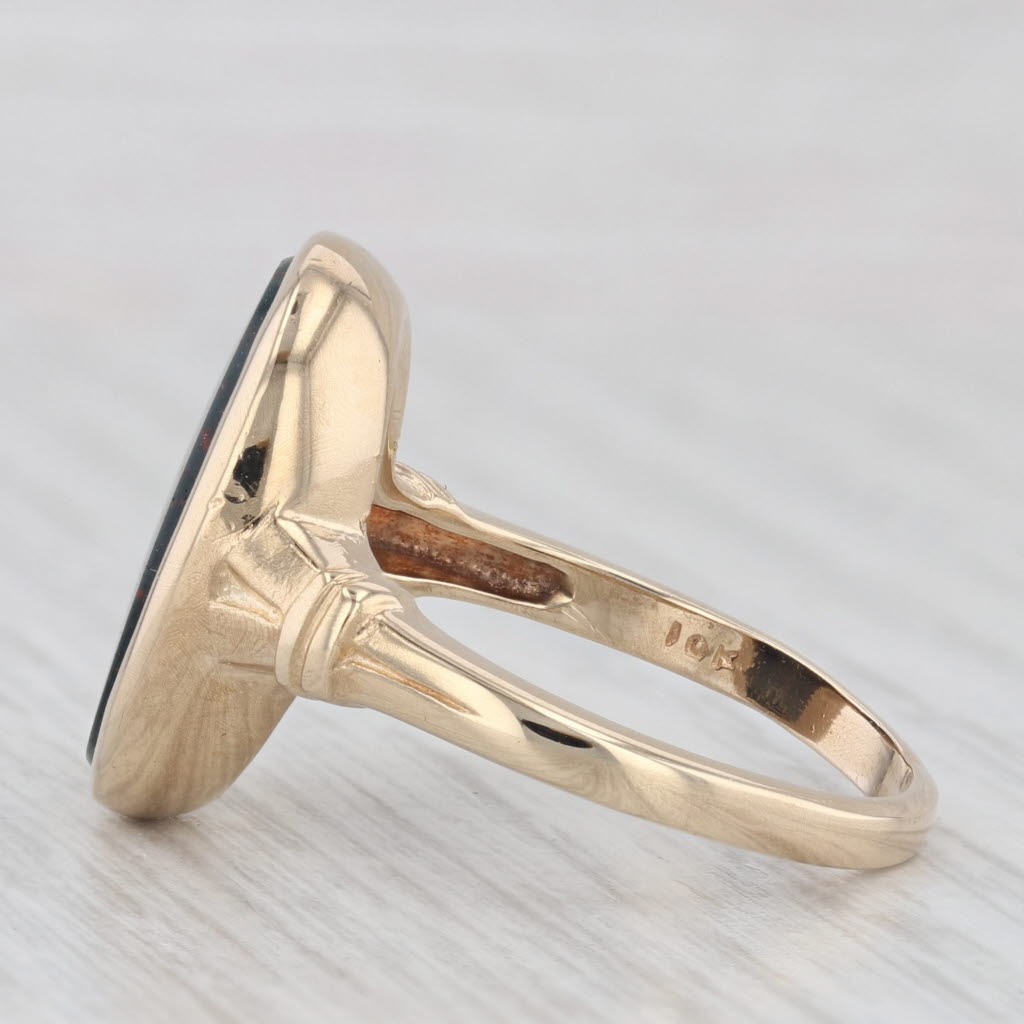 Light Gray Green Red Bloodstone Oval Solitaire Ring 10k Yellow Gold Size 7.5