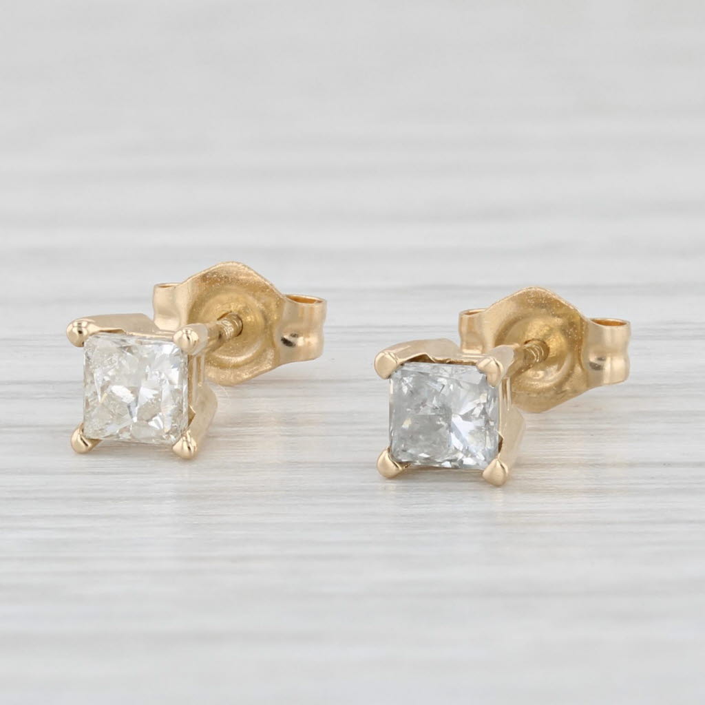 Light Gray 0.50ctw Diamond Princess Solitaire Stud Earrings 14k Yellow Gold