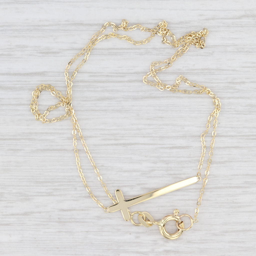 Light Gray New Stationary Cross Pendant Cable Chain Necklace 14k Yellow Gold 18"