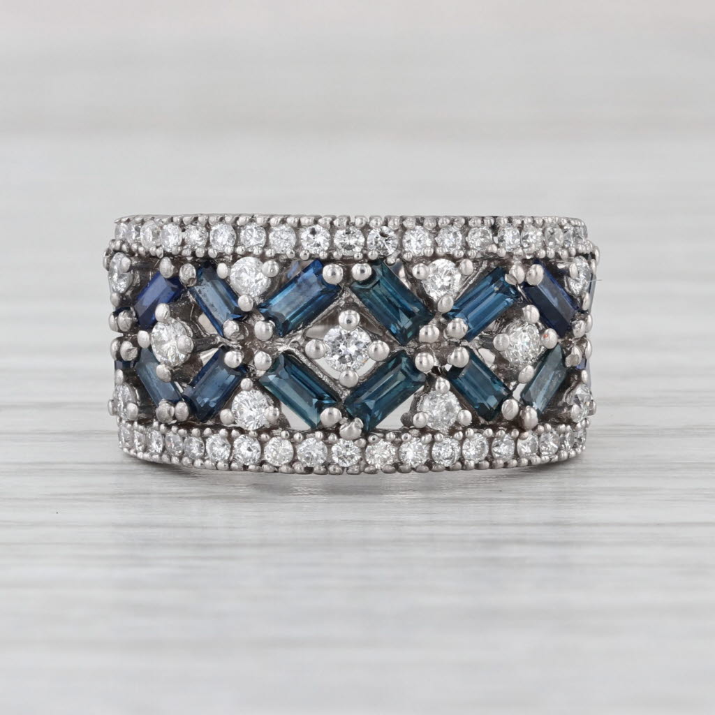 2.10ctw Blue Sapphire Diamond Ring 14k White Gold Size 8.5 Wide Band Cocktail