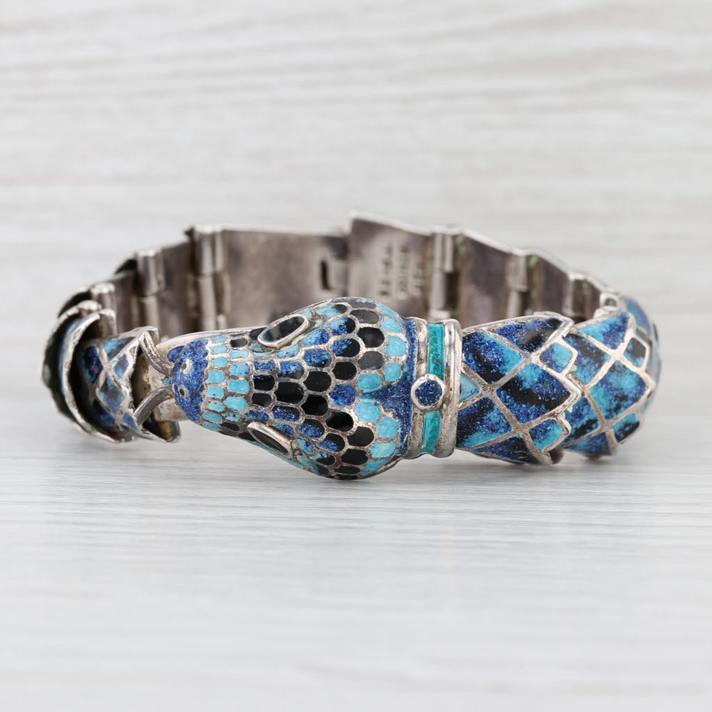 Snake Bangle Bracelet Jeronimo Fuonks Taxco Mexico Sterling Silver Enamel 7.75"