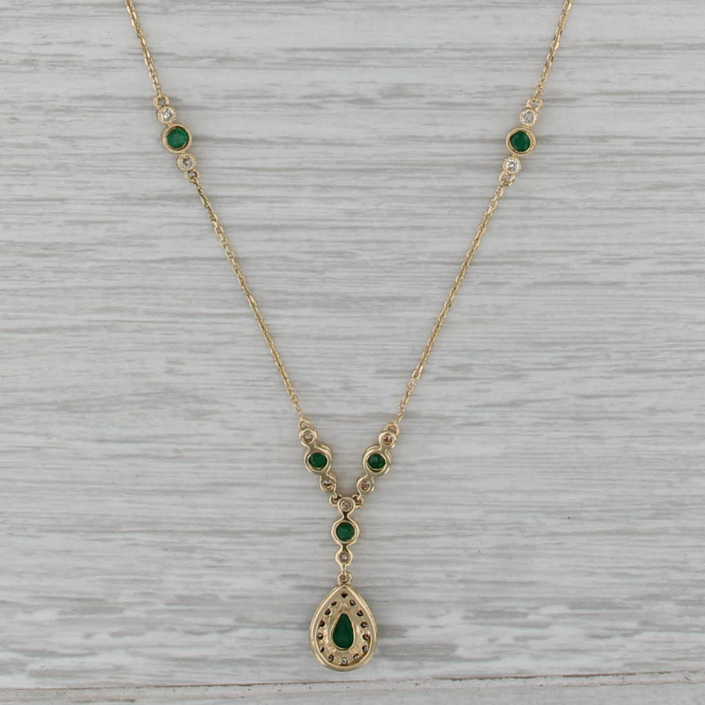 0.90ctw Emerald Diamond Lariat Necklace 14k Yellow Gold 16.5" Cable Chain