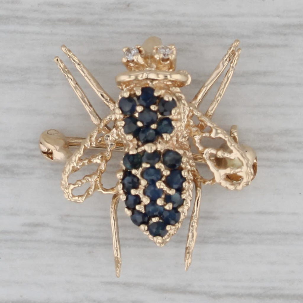 Gray 0.31ctw Blue Sapphire Diamond Bumble Bee Pin Pendant 14k Yellow Gold Brooch