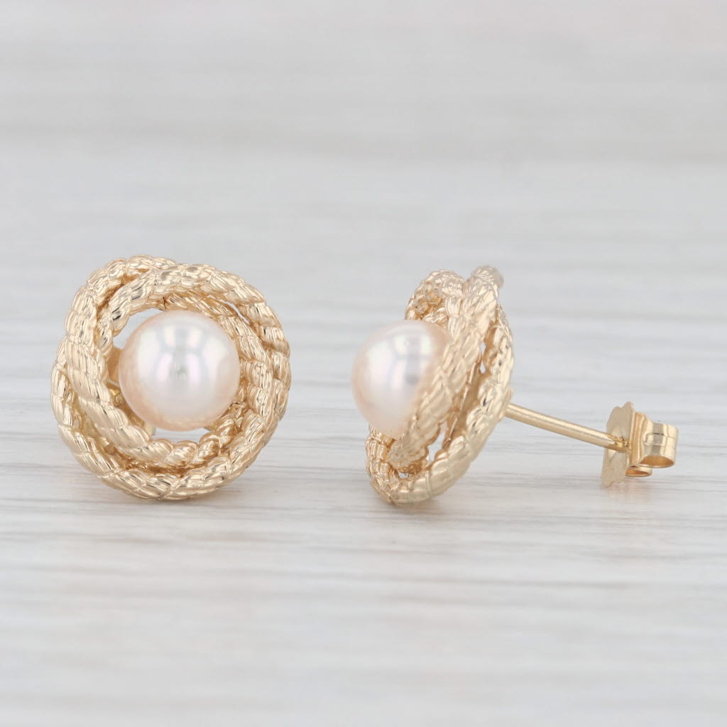 Light Gray Round Cultured Pearl Knot Stud Earrings 14k Yellow Gold