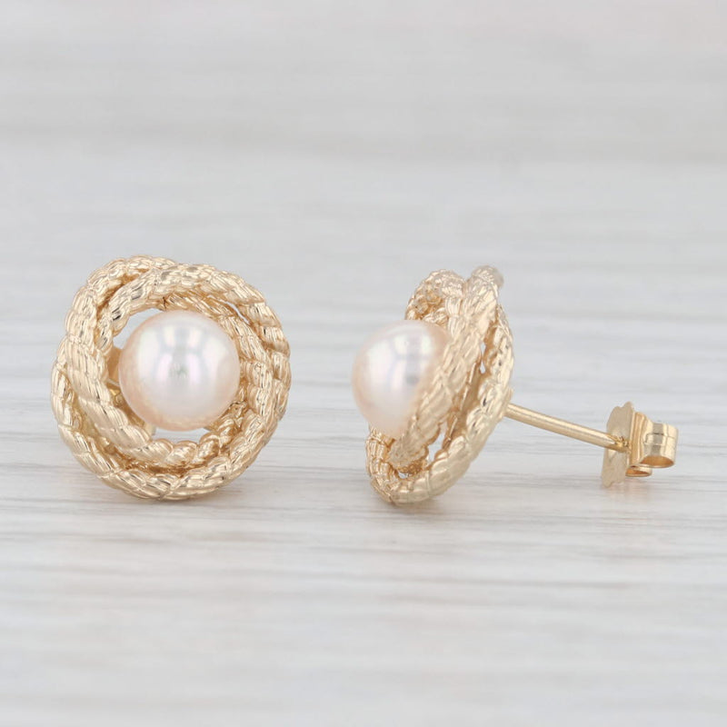 Round Cultured Pearl Knot Stud Earrings 14k Yellow Gold