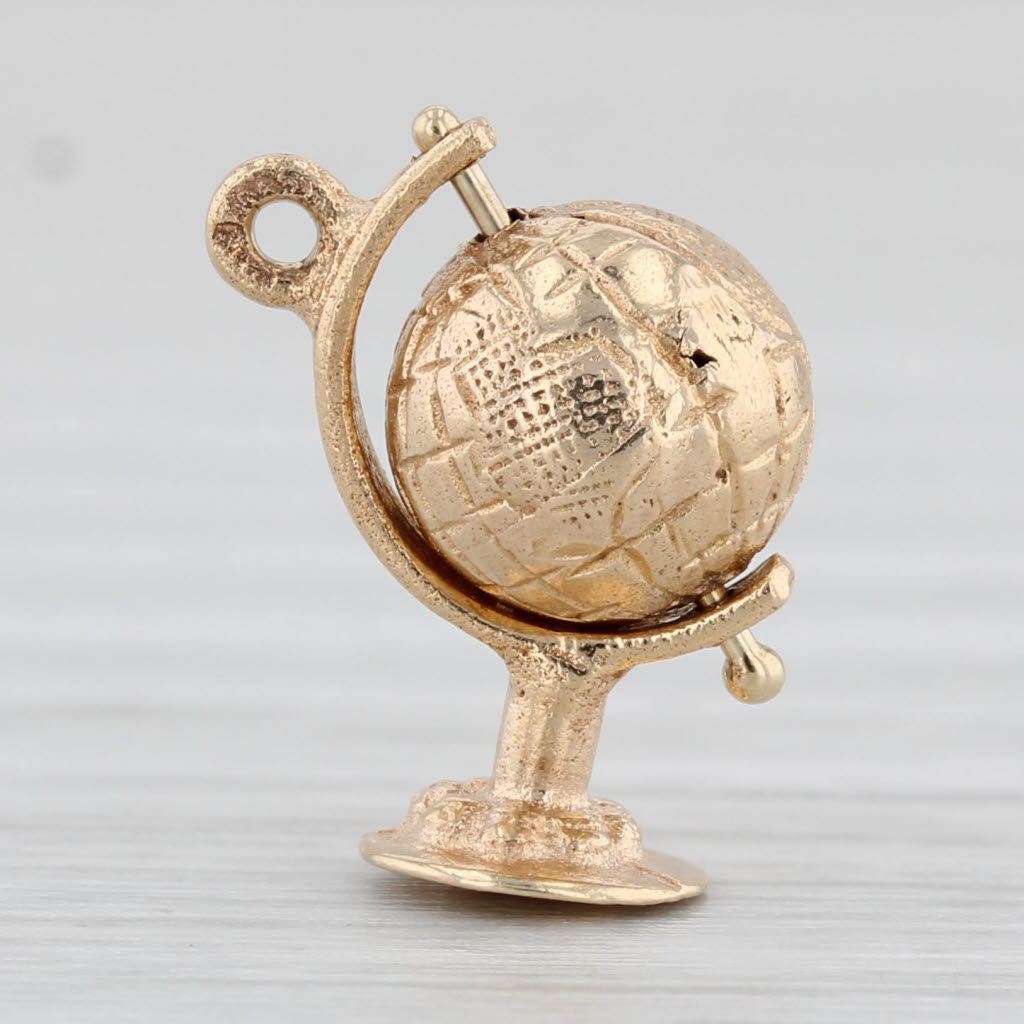 Light Gray Small Vintage Spinning Globe Charm 14k Yellow Gold Pendant