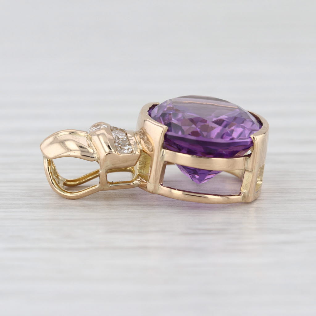 9.18ct Oval Amethyst Diamond Drop Pendant 14k Yellow Gold Faceted Solitaire