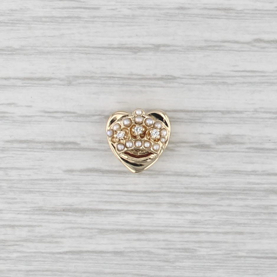 Vintage Diamond Pearl Crown Heart Slide Bracelet Charm 14k Yellow Gold